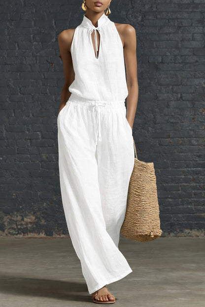 Women's Cotton Linen Sleeveless Top & Wide-Leg Pants Two-Piece Set FitiqueFit