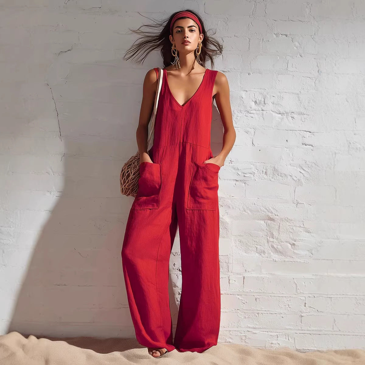 Women's Sleeveless V-Neck Pocketed Wide-Leg Jumpsuit – 5 Colors S–3XL FitiqueFit