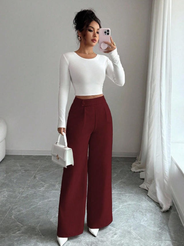 Women's High-Waist Straight-Leg Pants – Solid Color Button Detail Full Length FitiqueFit