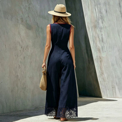 Women's Lace-Spliced Jumpsuit with Pockets – Sleeveless, High Waist, Straight Leg FitiqueFit