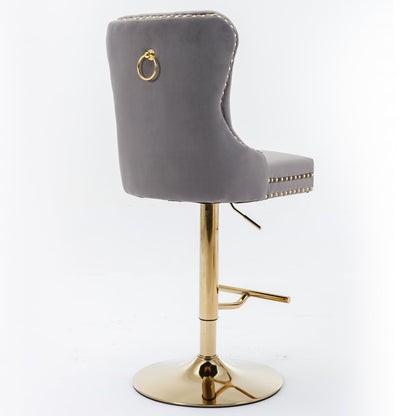 Thick gold rotating velvet bar stool with adjustable seat height of 25-33 inches and backrest (gray, set of 2 pieces)
