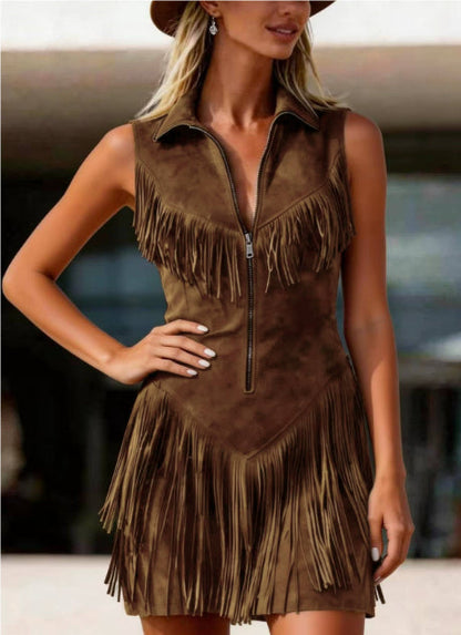 Women's Suede Western Tassel Sleeveless Slim-Fit Midi Dress FitiqueFit