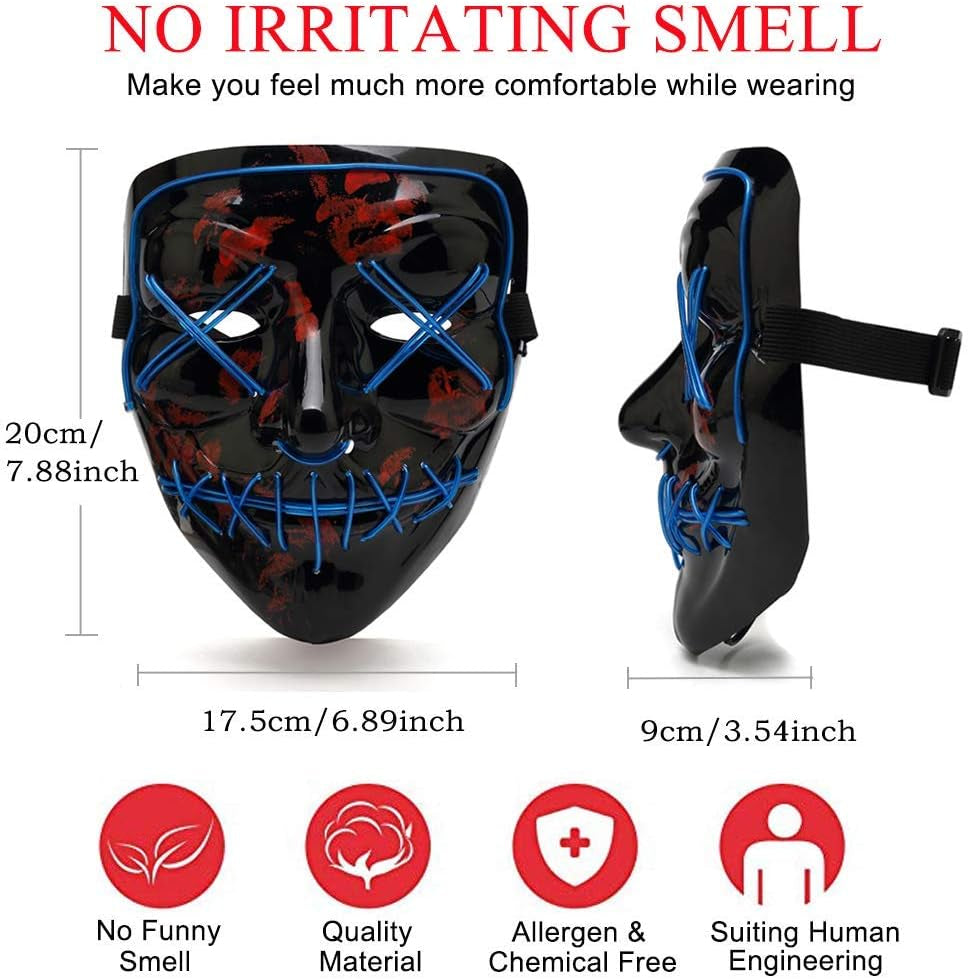 Scary LED Halloween Mask, Masquerade Cosplay Light up Face Mask for Men Women Kids (Blue)