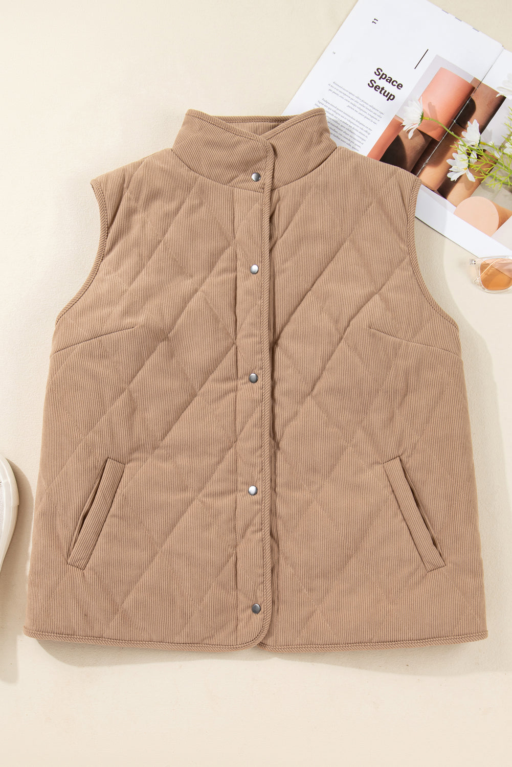 Camel Plus Size Quilted Cord Snap Button Vest Jacket Garden Naked Curves