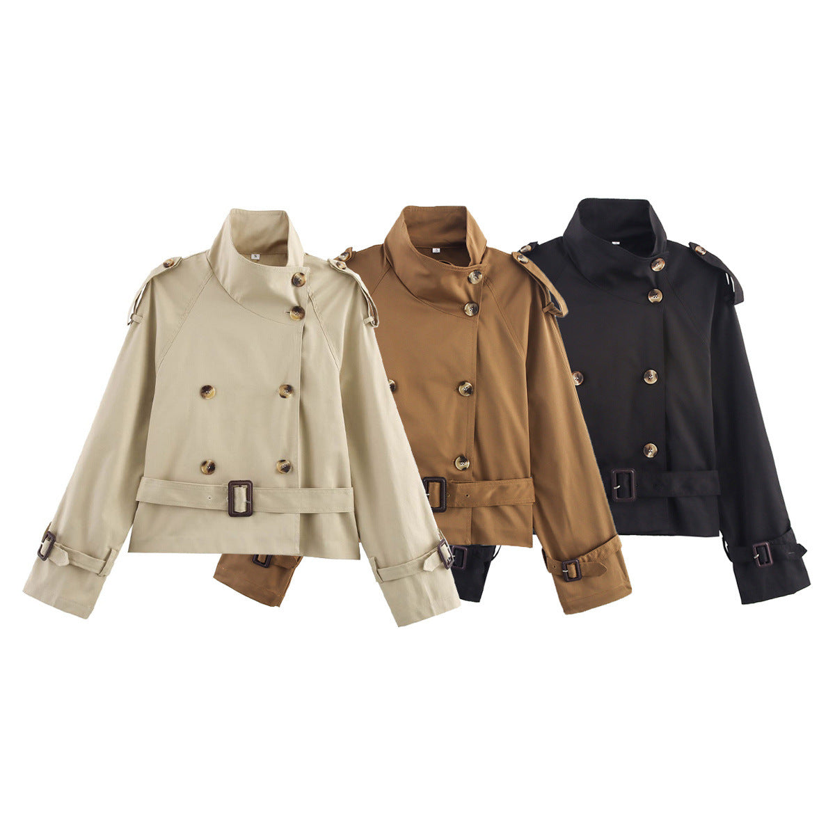 Women's Notch-Collar Short Trench Coat with Belt Buckle Detail FitiqueFit