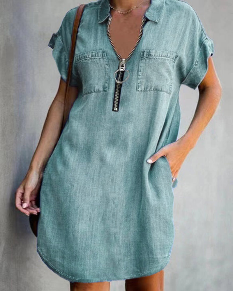European And American Lapel Short Sleeve Loose Dress Denim Shirt Grayceful LLC