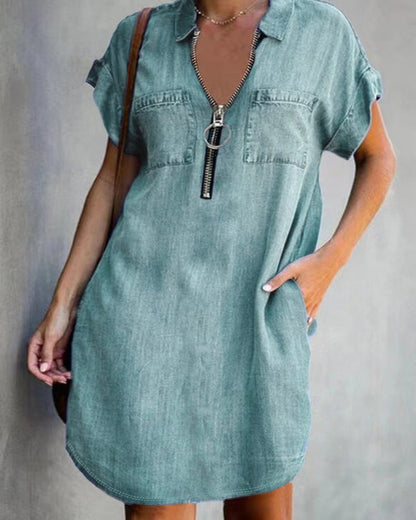 European And American Lapel Short Sleeve Loose Dress Denim Shirt Grayceful LLC