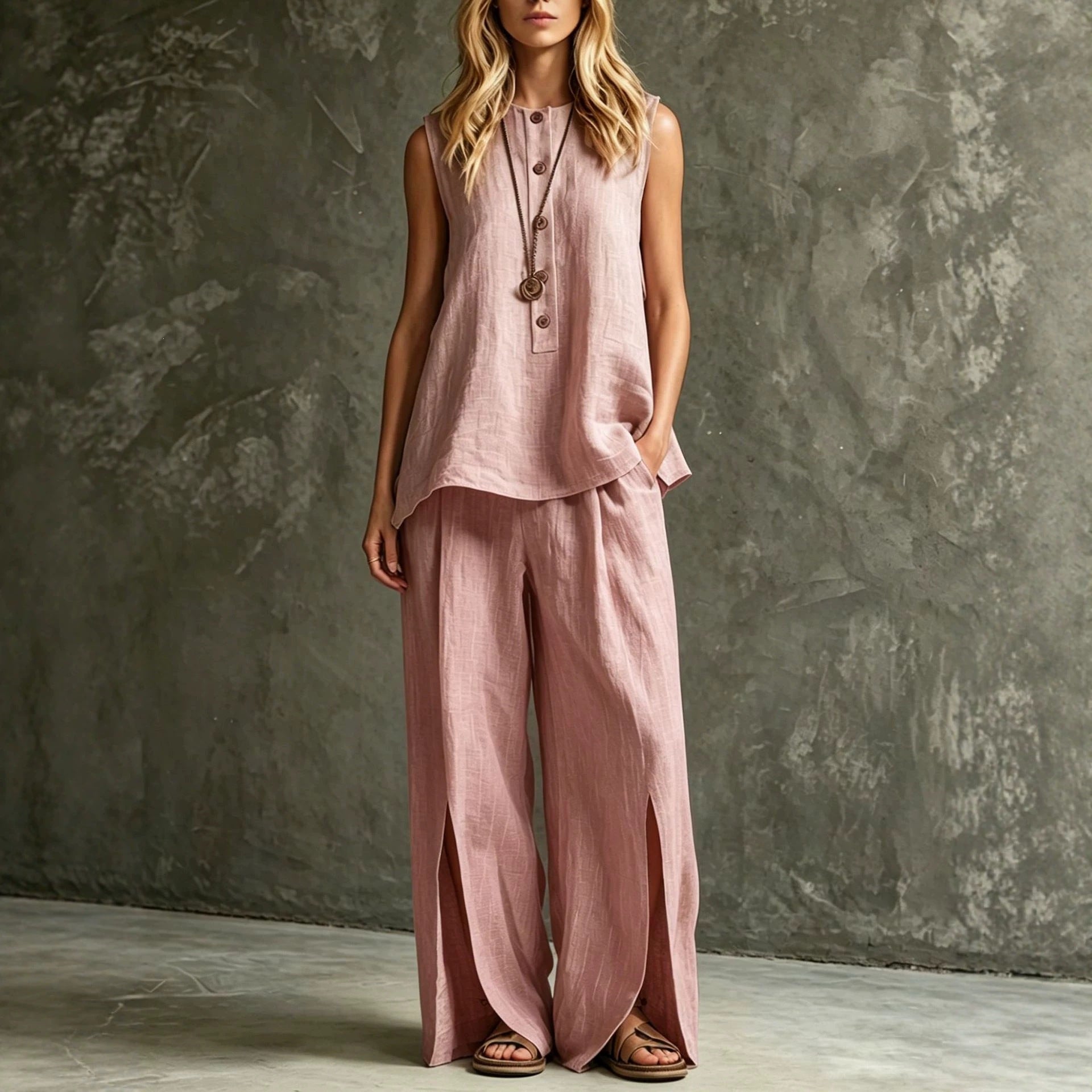 Women's Loose Sleeveless Tank Top & Slit Wide-Leg Pants Two-Piece Set FitiqueFit