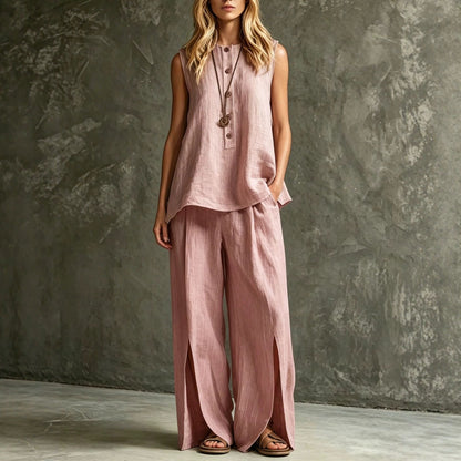 Women's Loose Sleeveless Tank Top & Slit Wide-Leg Pants Two-Piece Set FitiqueFit