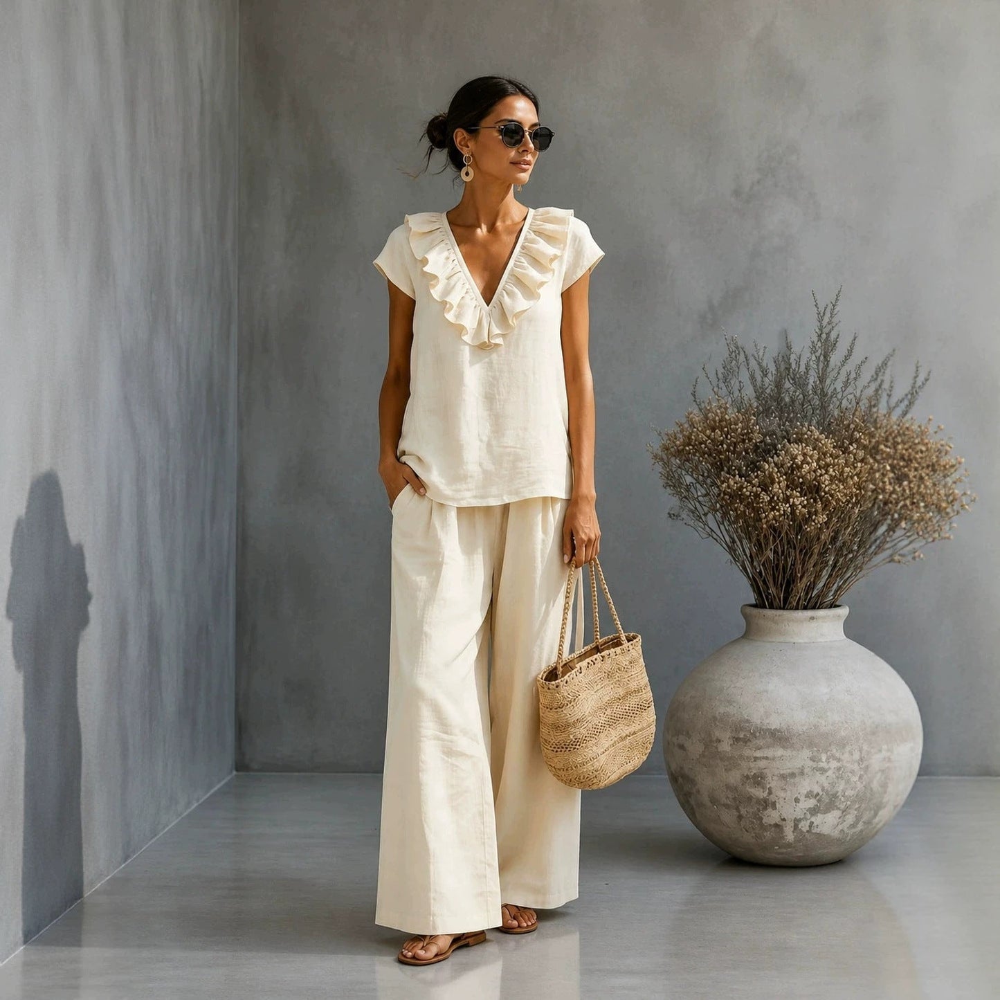 Women's V-Neck Ruffled Hem Top & Wide-Leg Pants Two-Piece Set FitiqueFit