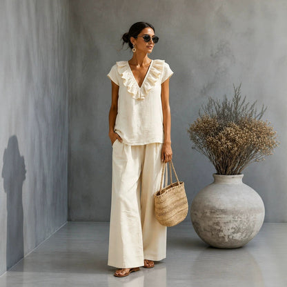 Women's V-Neck Ruffled Hem Top & Wide-Leg Pants Two-Piece Set FitiqueFit