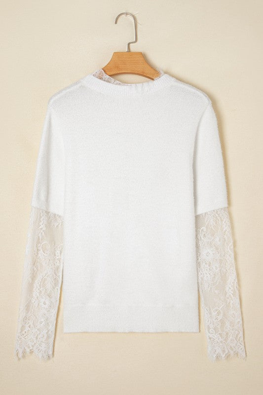 Lace Patchwork Sleeve Faux Two-Piece Fuzzy Sweater Shop Style & More | Fresh Looks, Everyday Deals & Free Shipping