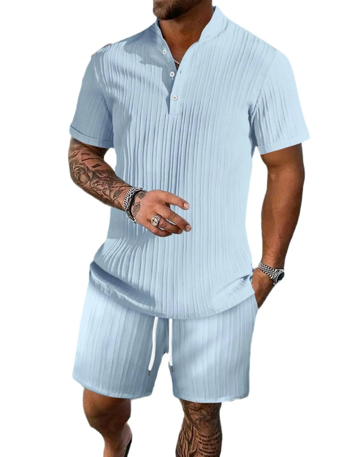 Men's Full Size Button Detail Short Sleeve Top and Shorts Set Plus Size New Era Fashion LLc