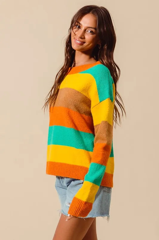 SO ME Multi Color Stripe Sweater with Ribbed Detail West2East Surf
