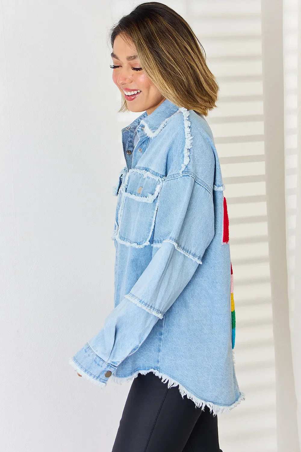 PEACE Raw Hem Dropped Shoulder Denim Top New Era Fashion LLc