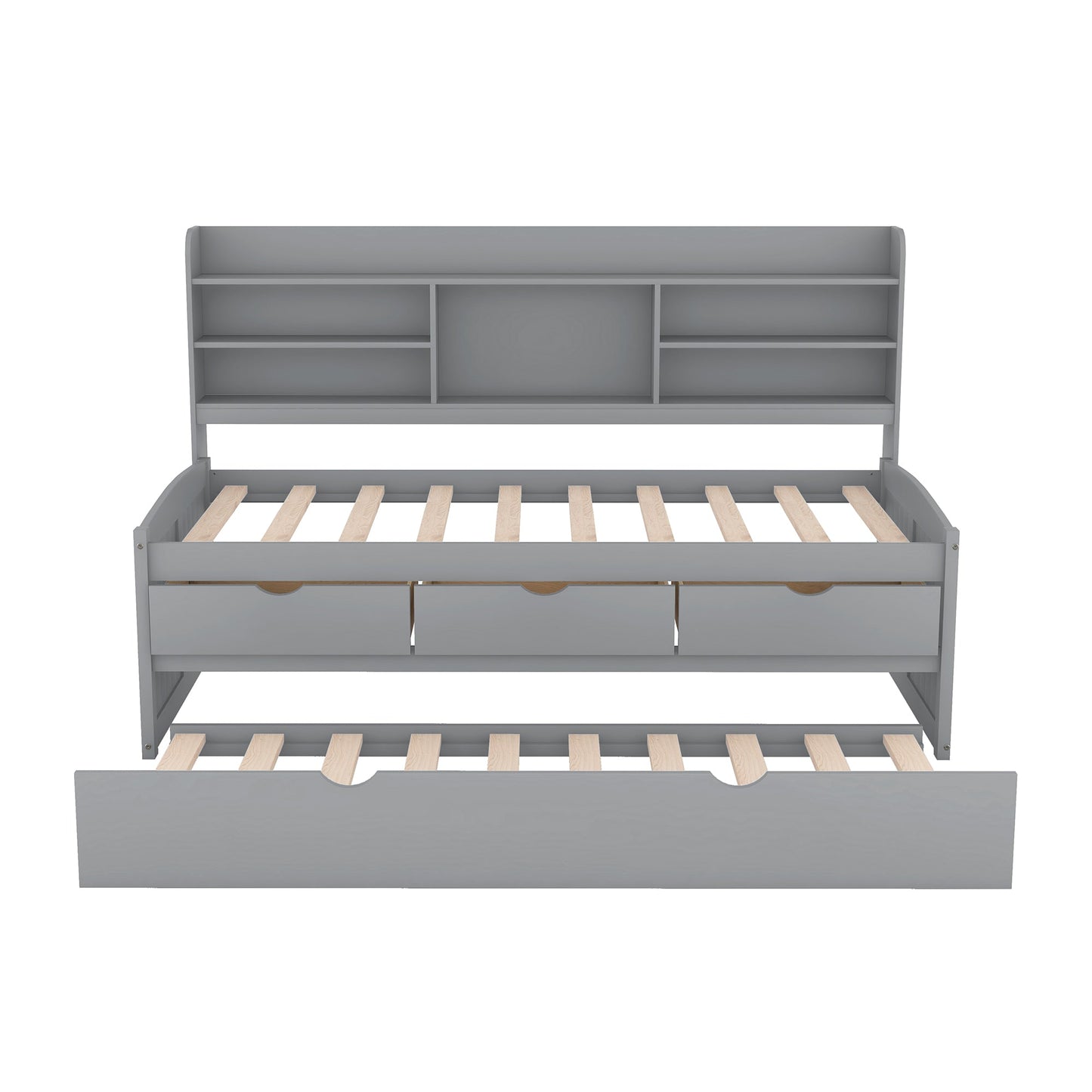 Twin Size Wooden Captain Bed with Built-in Bookshelves,Three Storage Drawers and Trundle Light Grey