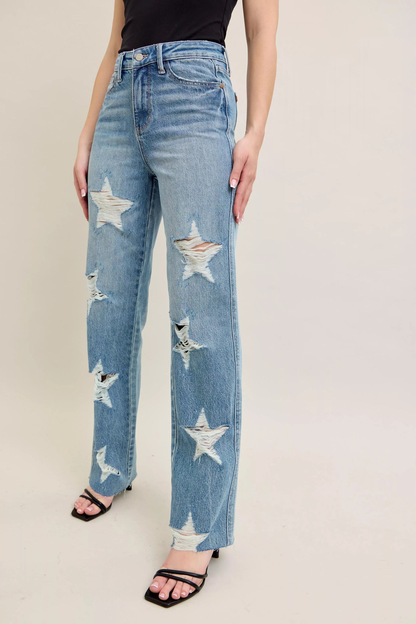Judy Blue Full Size High Waist  Rigid Magic Star Shaped Destroy 90's Straight Jeans Plus Size Garden Naked Curves