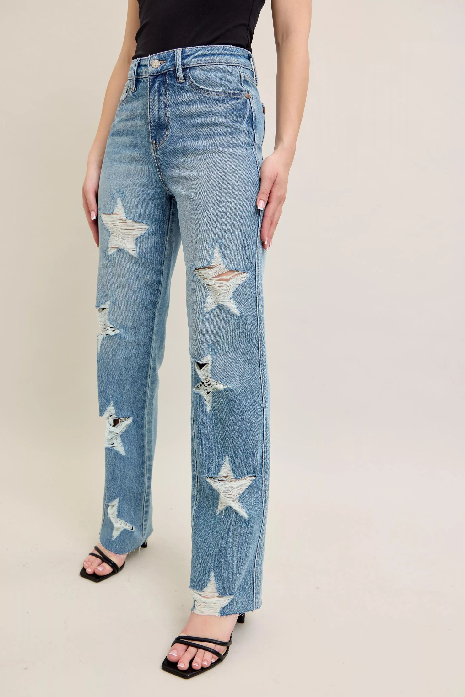 Judy Blue Full Size High Waist  Rigid Magic Star Shaped Destroy 90's Straight Jeans Plus Size Garden Naked Curves