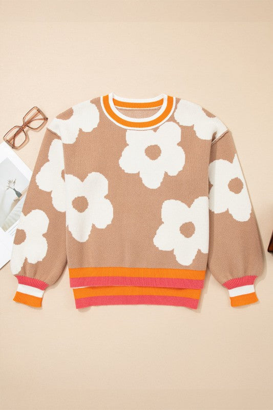 Flower Colorblock Contrast Stripe Baggy Sweater Shop Style & More | Fresh Looks, Everyday Deals & Free Shipping