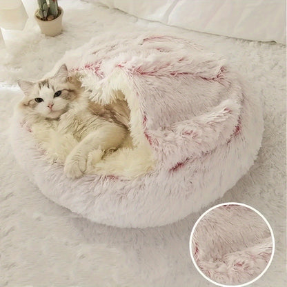 2 in 1 Round Warm Pet Bed House Polyester Cat Bed, Long Plush, Winter, with Sleeping Bag Sofa Cushion for Cat NovaCart
