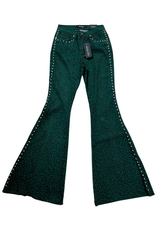 Leopard Studded Bell Bottom Jean Kacee Lillie Boutique