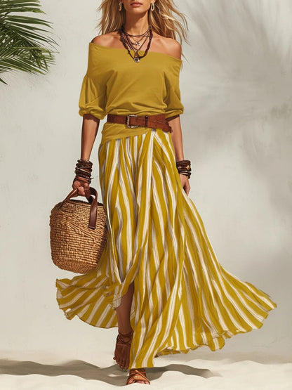 Women's Off-Shoulder Top & Slit Maxi Skirt Set FitiqueFit