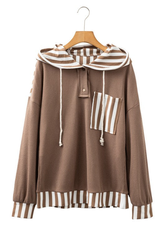 Stripe Patchwork Waffle Knit Buttoned Hoodie Shop Style & More | Fresh Looks, Everyday Deals & Free Shipping