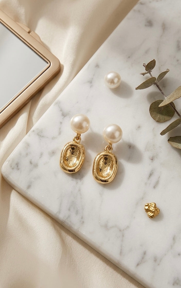 "Odette" French Baroque Textured Gold & Pearl Drop Earrings Tinyloverclothing