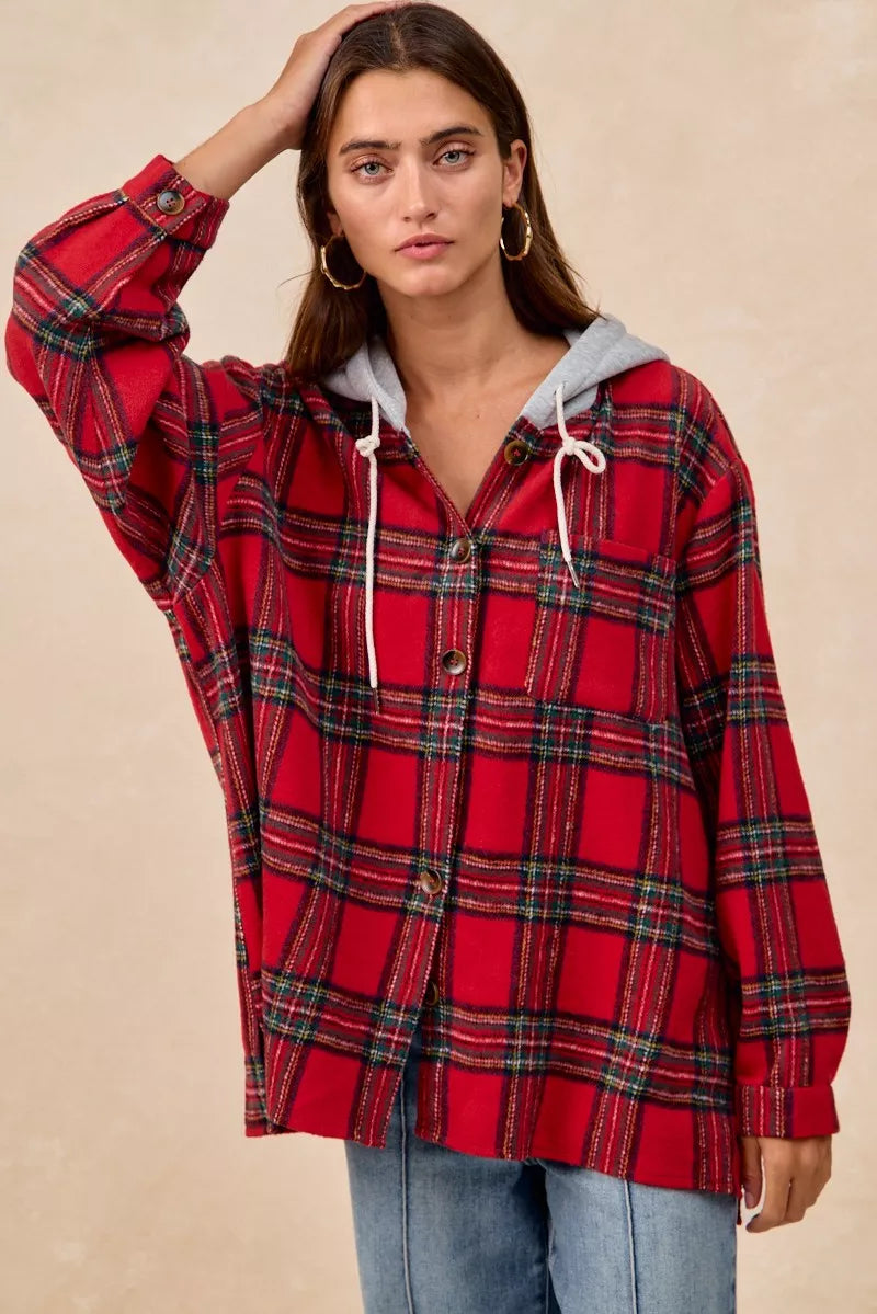 BiBi Brushed Plaid Hooded Jacket FitiqueFit