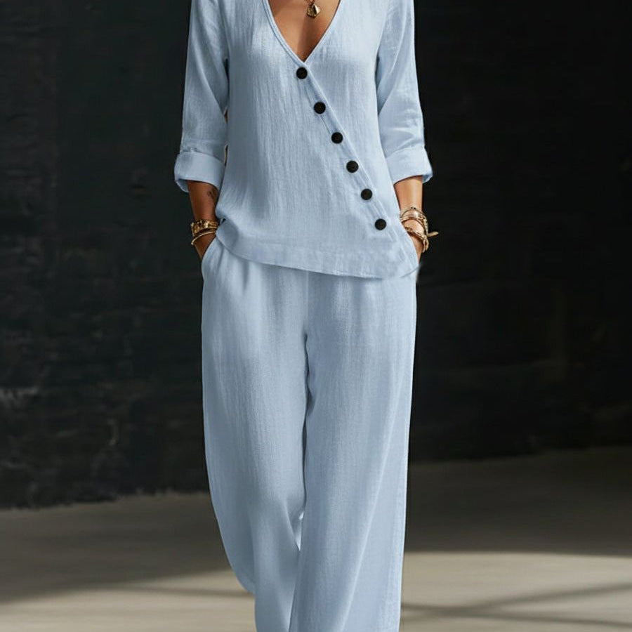 Women’s V-Neck Cross-Over Shirt and Wide-Leg Pants Set FitiqueFit