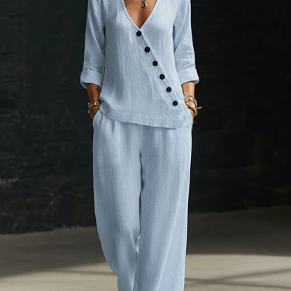 Women’s V-Neck Cross-Over Shirt and Wide-Leg Pants Set FitiqueFit