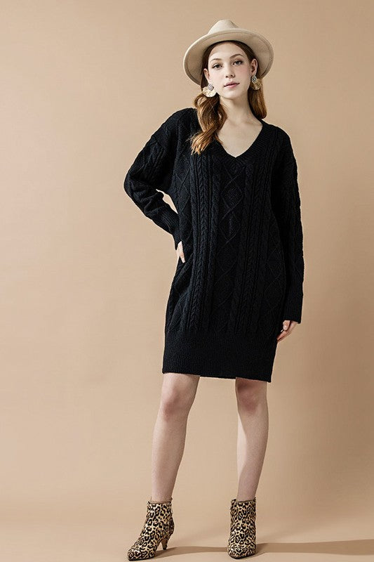 V-Neck Ribbed Hem Cable Knit Sweater Dress Shop Style & More | Fresh Looks, Everyday Deals & Free Shipping