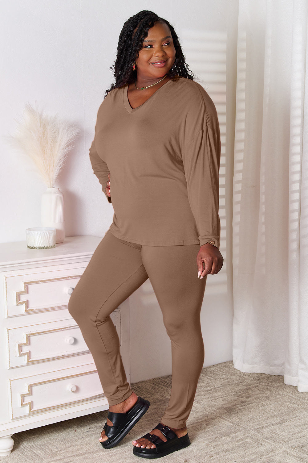 Basic Bae Full Size V-Neck Soft Rayon Long Sleeve Top and Pants Lounge Set New Era Fashion LLc