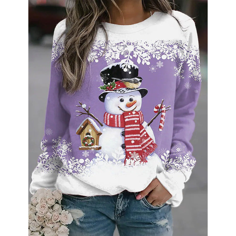 Snowman Printed Panel Loose Sweater – Casual Holiday Knit for Women FitiqueFit
