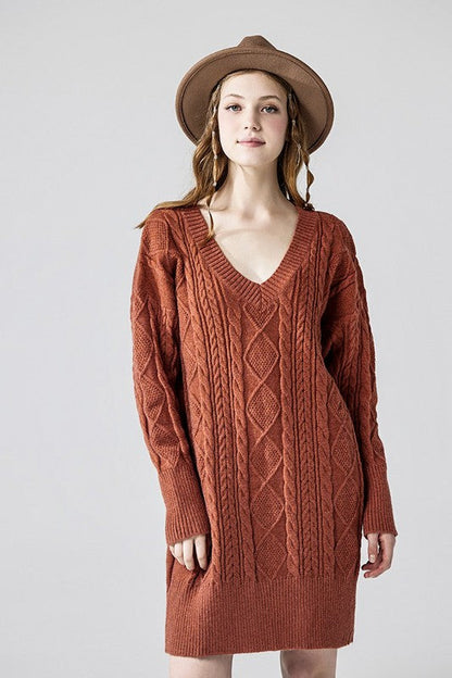 V-Neck Ribbed Hem Cable Knit Sweater Dress Shop Style & More | Fresh Looks, Everyday Deals & Free Shipping
