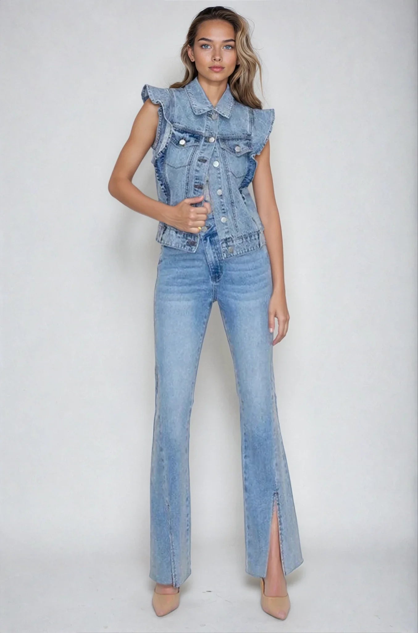 Victorian Charm Ruffle-Trim Denim Vest Jacket – Sleeveless Statement Layer- Light Denim Fitkitty Culture Athleisure Wear, Yoga Wear & Women's Clothing