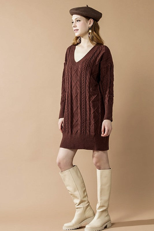 V-Neck Ribbed Hem Cable Knit Sweater Dress Shop Style & More | Fresh Looks, Everyday Deals & Free Shipping