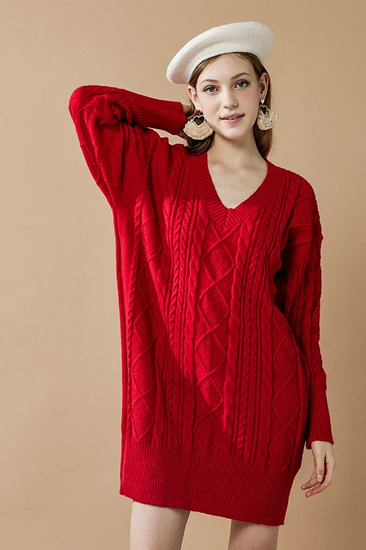 V-Neck Ribbed Hem Cable Knit Sweater Dress Shop Style & More | Fresh Looks, Everyday Deals & Free Shipping