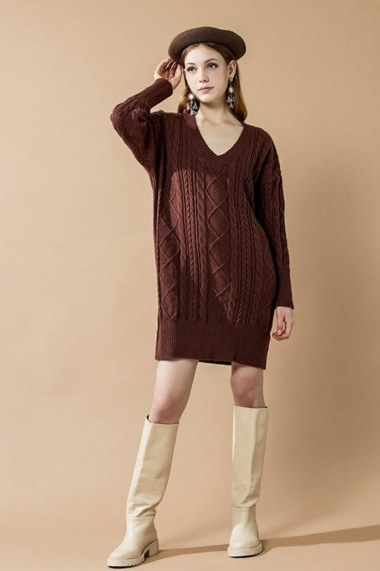 V-Neck Ribbed Hem Cable Knit Sweater Dress Shop Style & More | Fresh Looks, Everyday Deals & Free Shipping