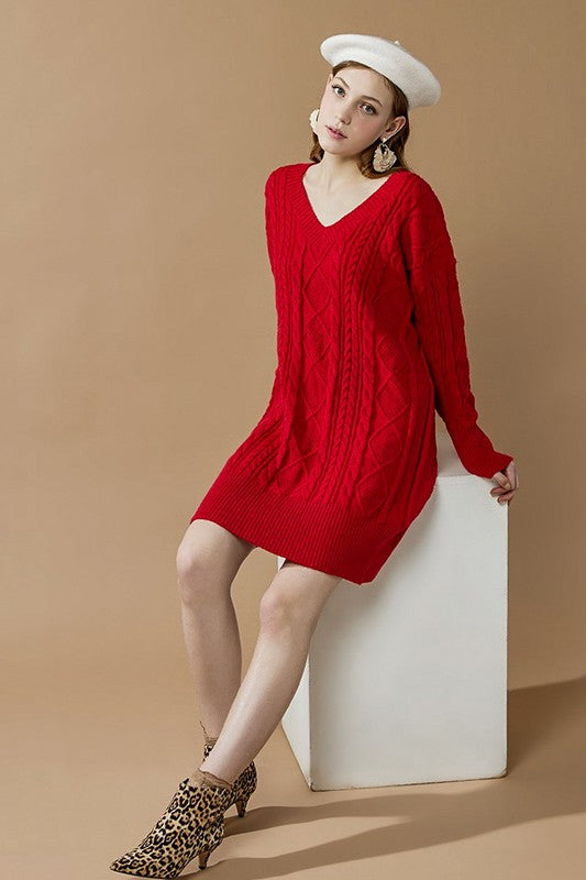 V-Neck Ribbed Hem Cable Knit Sweater Dress Shop Style & More | Fresh Looks, Everyday Deals & Free Shipping