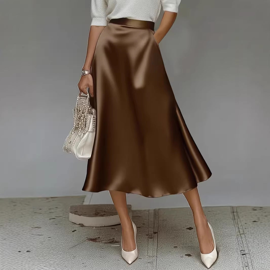 Women's Satin Solid Color Mid-Length Skirt – Slight Stretch FitiqueFit