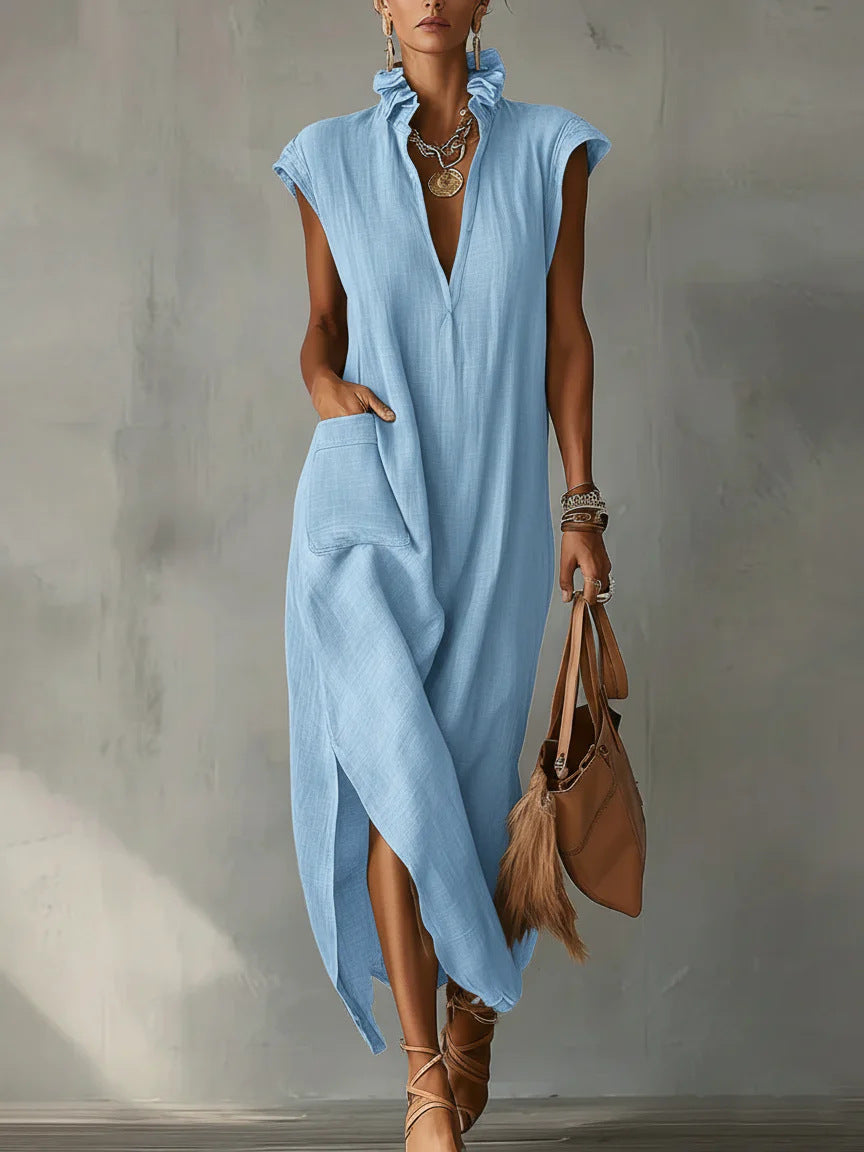Women’s Cotton-Linen Sleeveless Solid-Color Shirt Dress FitiqueFit