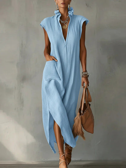Women’s Cotton-Linen Sleeveless Solid-Color Shirt Dress FitiqueFit