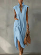 Women’s Cotton-Linen Sleeveless Solid-Color Shirt Dress FitiqueFit