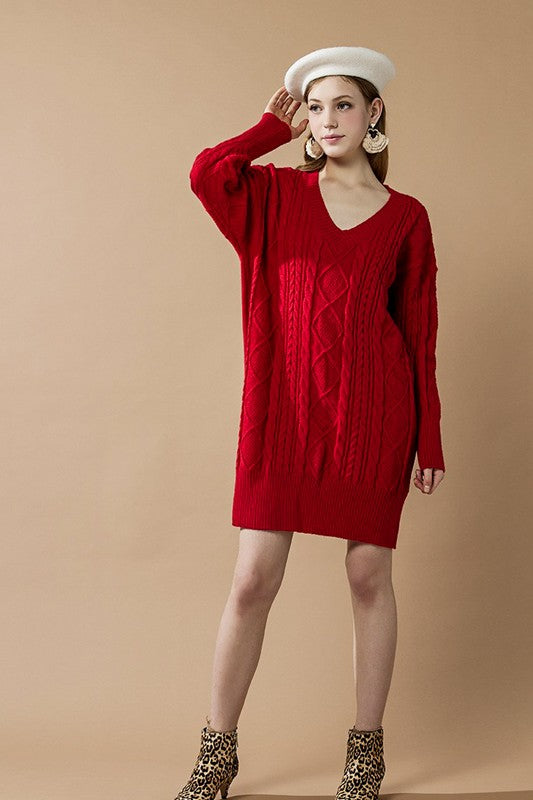 V-Neck Ribbed Hem Cable Knit Sweater Dress Shop Style & More | Fresh Looks, Everyday Deals & Free Shipping