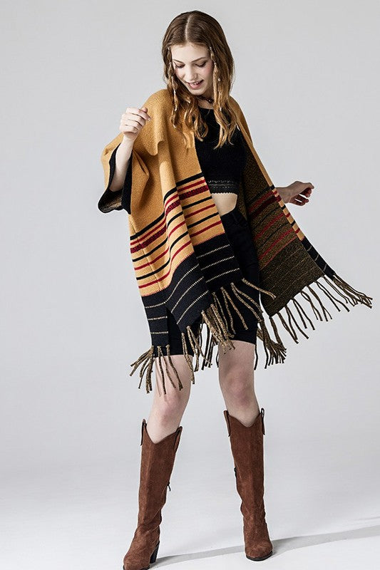 Western Striped Fringed Ruana Poncho Cardigan Shop Style & More | Fresh Looks, Everyday Deals & Free Shipping