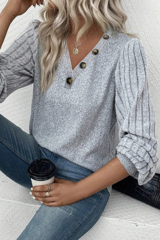 Buttoned V Neck Ribbed Puff Sleeve Top Shop Style & More | Fresh Looks, Everyday Deals & Free Shipping