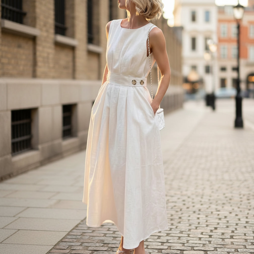 Women's French Minimalist Sleeveless Crew-Neck Midi Dress – White S–XXL FitiqueFit