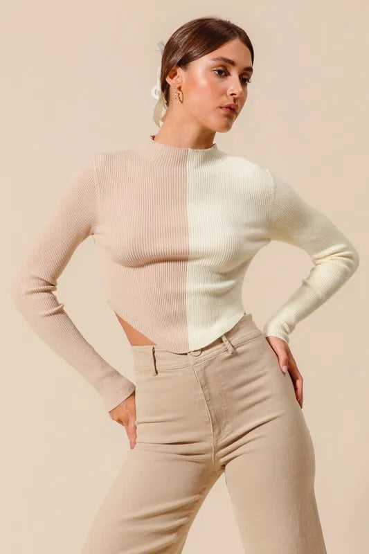 SO ME Color Block Fitted Crop Sweater Top West2East Surf
