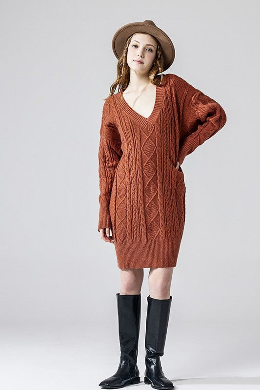 V-Neck Ribbed Hem Cable Knit Sweater Dress Shop Style & More | Fresh Looks, Everyday Deals & Free Shipping